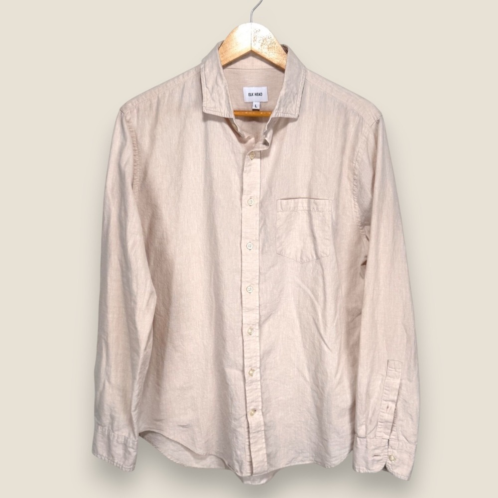 Elk Head Linen Blend Button Shirt Men Large Beige Pocket Cutaway Collar Spring